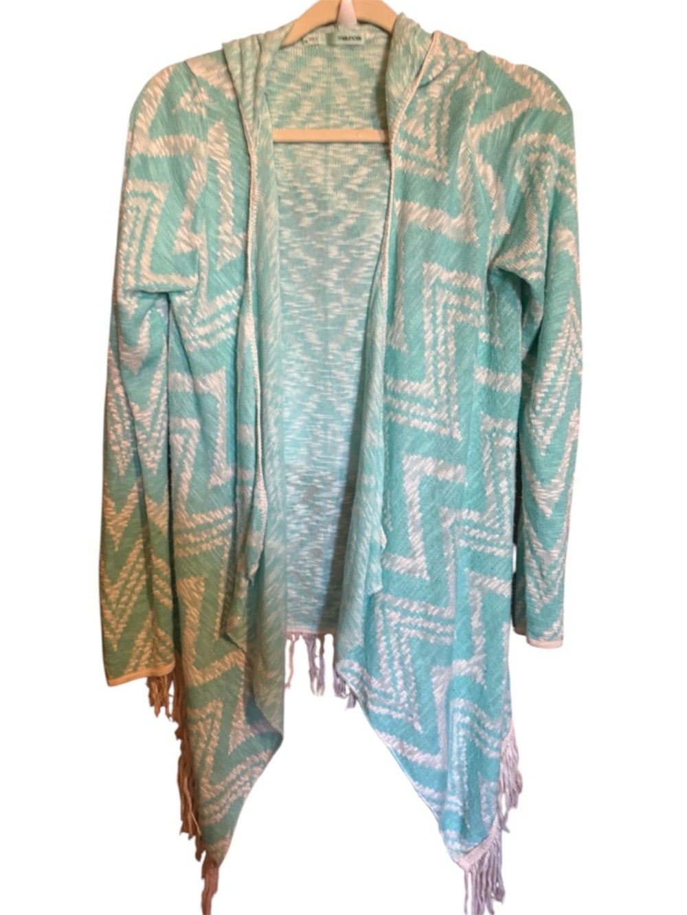 Maurices Mint and White Chevron Hooded Fringe open front Cardigan ladies xl